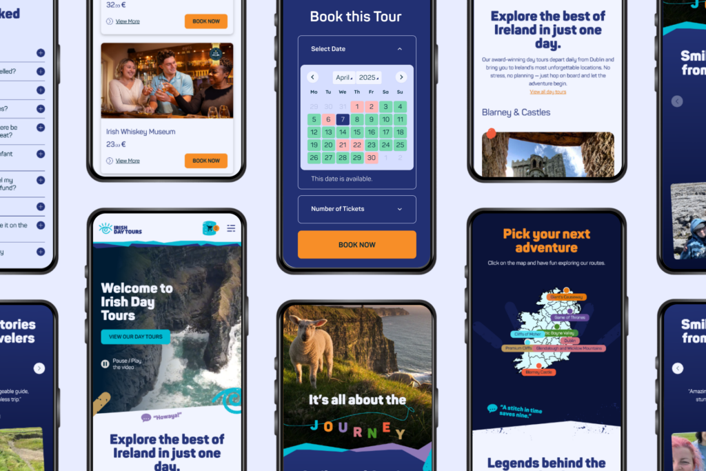 Mobile preview of Irish Day Tours website showing tour options and booking screens