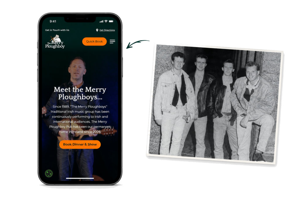 Mobile website mock-up for The Merry Ploughboy Pub featuring its “Meet the Merry Ploughboys” section alongside a black-and-white archival photograph of the band